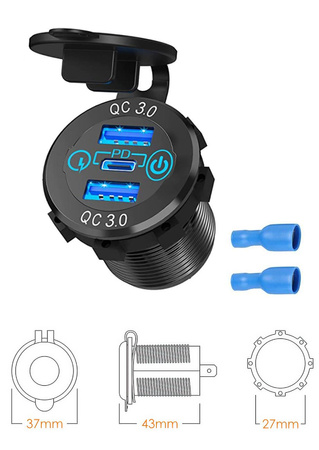 BIKETEC MOTOCYKLOWE POTRÓJNE GNIAZDO USB QC 3.0 X 2 I PD X 1 - 54 W POWER DELIVERY MONTAŻ NA POWIERZCHNIE PŁASKĄ (OWIEWKA, KUFER) LUB NA KIEROWNICE - POTRZEBNY ADAPTER BTMUS28