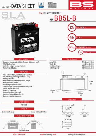 BS AKUMULATOR BB5L-B (FA) (YB5L-B) (12N5-3B) 12V 5AH 120X60X130 BEZOBSŁUGOWY - ZALANY (65A) (6)