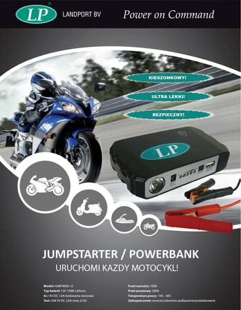 LANDPORT JUMPSTARTER / POWERBANK Z KLEMAMI DO AKUMULATORA, WYJŚCIEM USB ORAZ LATARKĄ