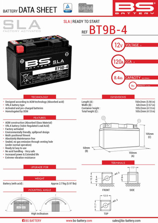 BS AKUMULATOR BT9B-4 (FA) (YT9B-4) 12V 8AH 150X69X105 BEZOBSŁUGOWY - ZALANY (115A) (6)
