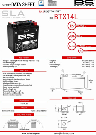 AKUMULATOR BS BTX14L FA YTX14L-BS 12V 12AH 150X87X145 BEZOBSŁUGOWY