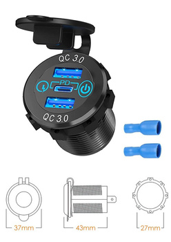BIKETEC MOTOCYKLOWE POTRÓJNE GNIAZDO USB QC 3.0 X 2 I PD X 1 - 54 W POWER DELIVERY MONTAŻ NA POWIERZCHNIE PŁASKĄ (OWIEWKA, KUFER) LUB NA KIEROWNICE - POTRZEBNY ADAPTER BTMUS28