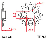 JT 2024/03 ZĘBATKA PRZEDNIA 2250 15 Z GUMĄ DUCATI 899 PANIGALE '14-'15, 959 PANIGALE '16-'19, (1199 PANIGALE '12-'17 KONWERSJA NA ŁAŃC. 520) (225015JT) (ŁAŃC. 520)