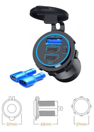 BIKETEC MOTOCYKLOWE POTRÓJNE GNIAZDO USB QC 3.0 X 1 I PD X 2 - 54 W POWER DELIVERY MONTAŻ NA POWIERZCHNIE PŁASKĄ (OWIEWKA, KUFER) LUB NA KIEROWNICE - POTRZEBNY ADAPTER BTMUS28